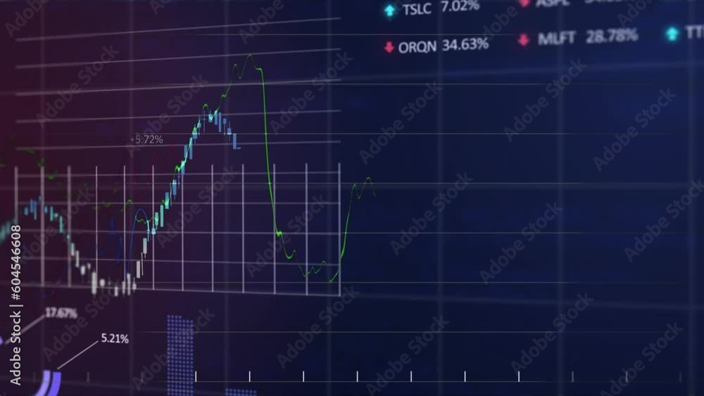 Poster animation of statistical and stock market data processing over grid network against blue background