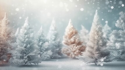 Fototapeta premium Winter fir trees and pines. Christmas and New Year background. Festive seasonal Christmas bright background. Holiday poster and banner, greeting card. generative ai
