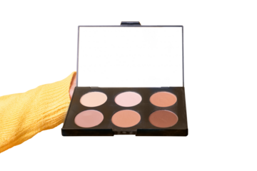 Eyeshadows and correctors, a large palette of make-up artist in hand isolated on transparent background.. Makeup Accessories