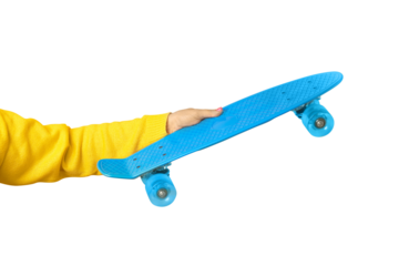 hand holding blue skate board isolated on transparent background