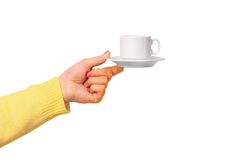 Female hand holding cup of coffee isolated on transparent background