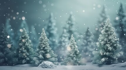 Obraz premium Winter fir trees and pines. Christmas and New Year background. Festive seasonal Christmas bright background. Holiday poster and banner, greeting card. generative ai