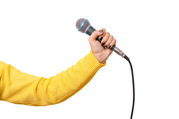hand holding microphone isolated on transparent background - 604546684