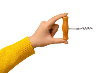 female hand holding vintage corkscrew bottle opener isolated on transparent background