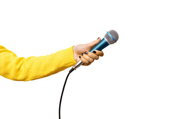 hand holding microphone isolated on transparent background - obrazy, fototapety, plakaty