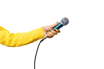 hand holding microphone isolated on transparent background