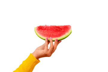 hand holds watermelon slice isolated on transparent background.  Summertime concept.