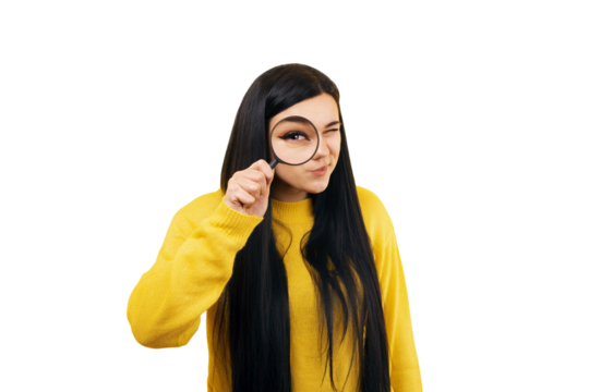 Beautiful woman looking through a magnifying glass, searching concept, isolated on transparent background