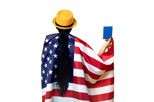 girl stands with her back and holds the American flag isolated on transparent background, girl in fashionable hat with USA flag, woman holding passport in hand, Immigration and emigration concept