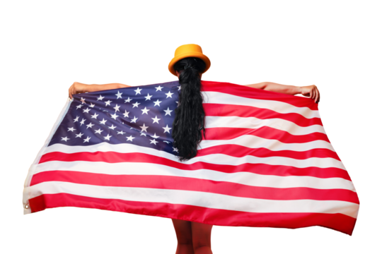 girl stands with her back and holds the American flag isolated on transparent background, girl in fashionable hat with USA flag - Powered by Adobe