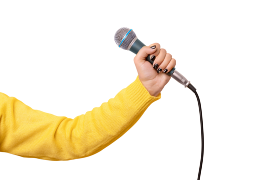 hand holding microphone isolated on transparent background