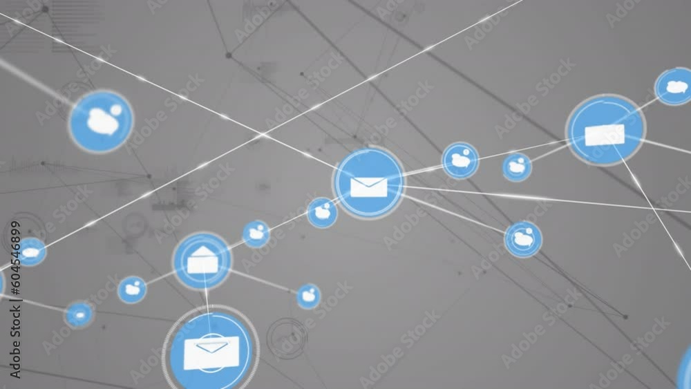 Poster animation of network of connections with icons over black background
