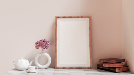 Empty wooden picture frame mockup on desk