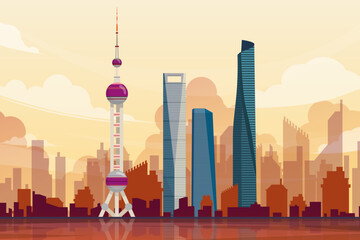 Obraz premium Beautiful landscape of Bund in Shanghai famous landmark vector