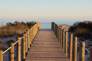 wooden path to the beach in summer to watch the sunset