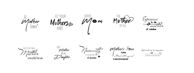 Happy Mother's Day hand lettering set for greeting cards, posters. Vector calligraphy illustrations collection: I Love You, Thank You Mom etc.