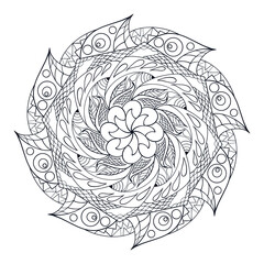 hand drawn doodle mandala with leaf. Ethnic mandala with black line ornament. Isolated. Illustration on doodle style. monochrome line for tattoo. Coloring book Mandala for inside.