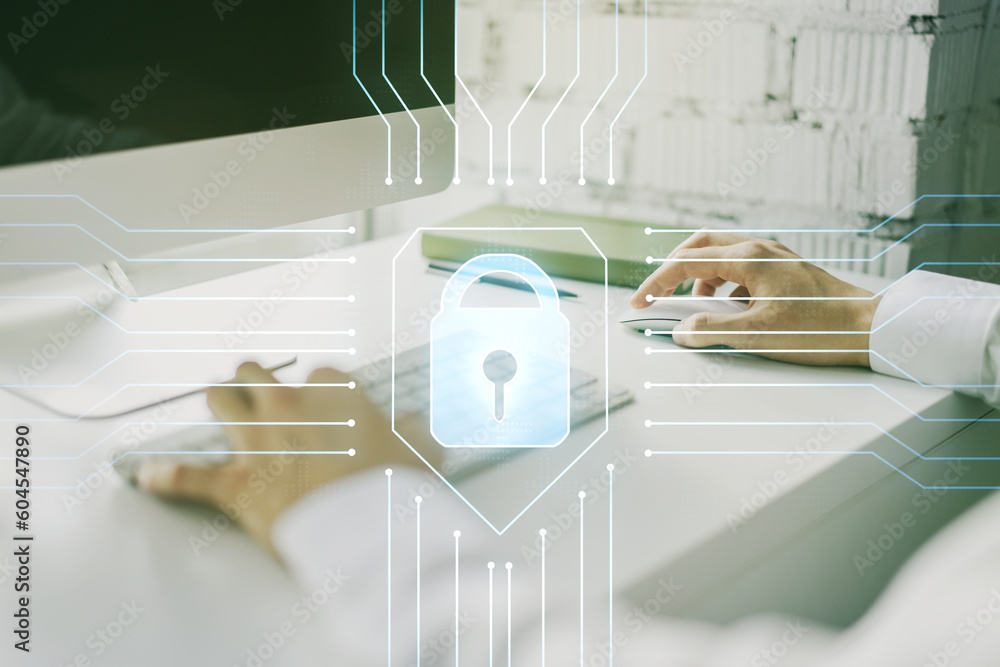Poster creative lock sketch with chip hologram and hands typing on computer keyboard on background, protect