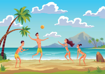 Fototapeta na wymiar Beach volleyball resort. Cartoon man and woman player characters in beachwear playing ball in sea beach landscape. Tropical island with palm trees in ocean