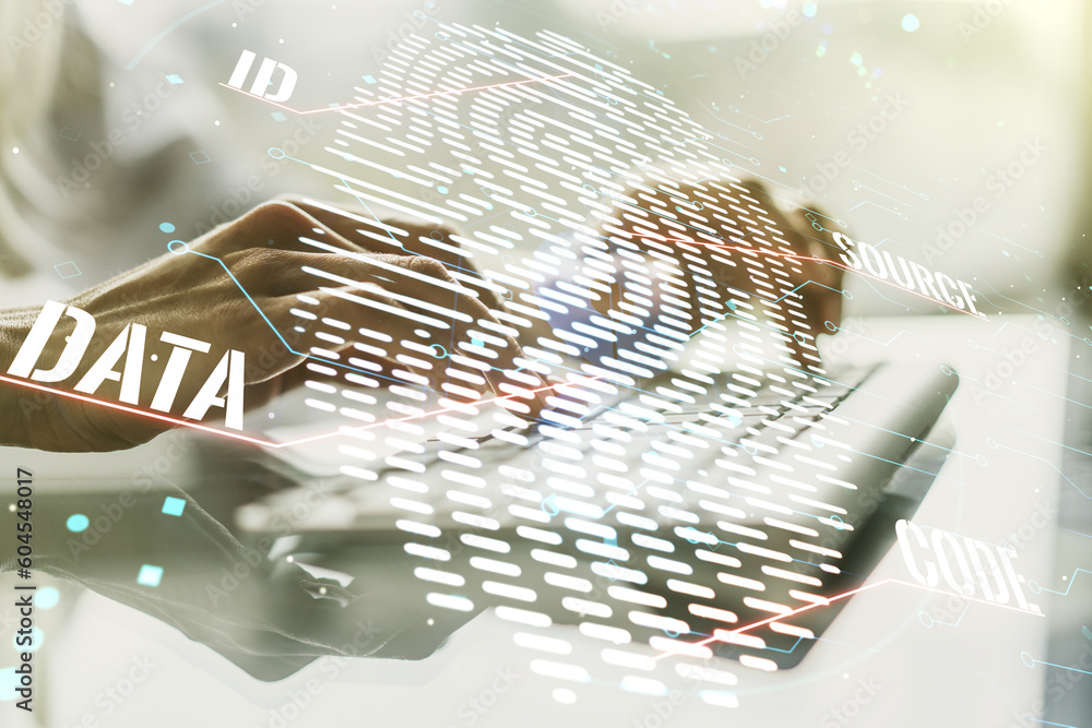 Poster Double exposure of abstract creative fingerprint hologram with hands typing on laptop on background, research and development concept