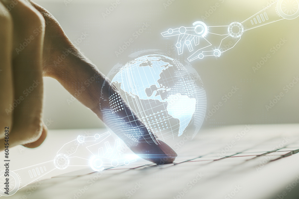 Poster creative abstract robotics technology hologram with globe and hands typing on computer keyboard on b