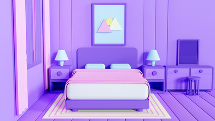 Low poly cute bedroom with purple color