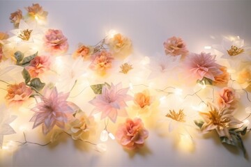 Abstract light background with flowers and lights garland. AI generated