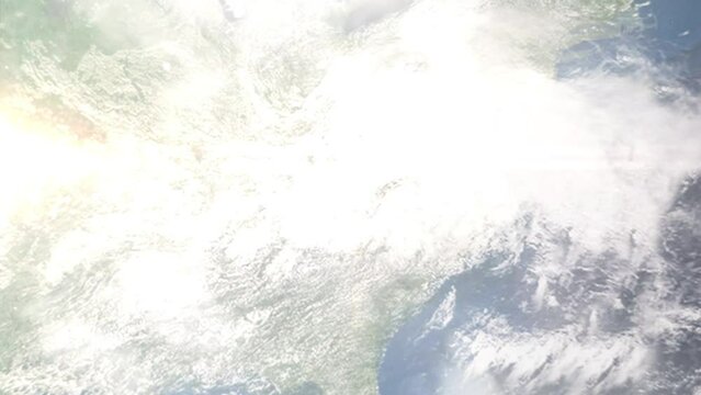 Earth zoom in from outer space to city. Zooming on Johnson City, Tennessee, USA. The animation continues by zoom out through clouds and atmosphere into space. Images from NASA