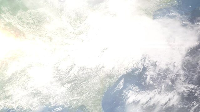 Earth zoom in from outer space to city. Zooming on Lenoir, North Carolina, USA. The animation continues by zoom out through clouds and atmosphere into space. Images from NASA