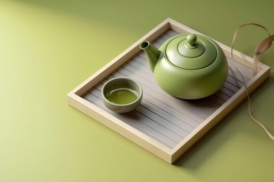 Cup of green tea and teapot on wooden plate on pastel green background minimalistic. AI generated