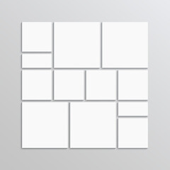Portfolio images mockup. Mosaic picture frame. Photo collage square layout. Mood board background. Moodboard template. Scrapbook grid. Album brandboard. Gallery banner. Vector illustration