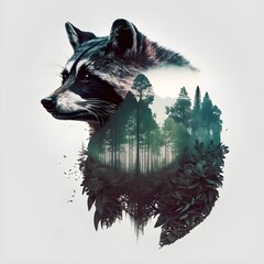 "Parallel Worlds: The Double Exposure Raccoon's Mysterious Duality" | Creative Design | Illustration | AI Generated Artwork