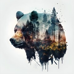 "Wild Echoes: The Double Exposure Bear's Captivating Aura" | Creative Design | Illustration | Generative AI Artwork