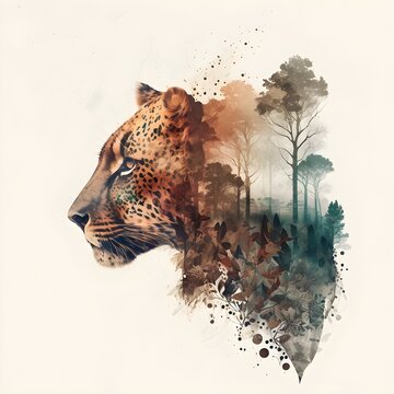 "Shadows Intertwined: The Double Exposure Leopard's Haunting Elegance" | Creative Design | Illustration | Generative AI Artwork