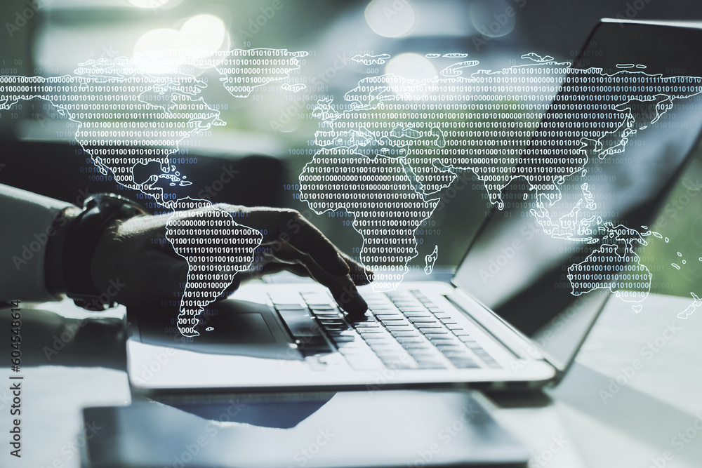 Poster double exposure of abstract digital world map and hand typing on laptop on background, big data and 