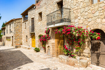 Fototapeta na wymiar Old street with red roses in the historic center of Siurana, Spain