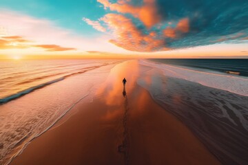 Obraz na płótnie Canvas a man walking on a beach at sunset with sea on both sides