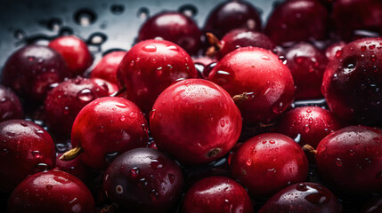 Fresh ripe cranberries with water drops background. Berries backdrop. Generative AI