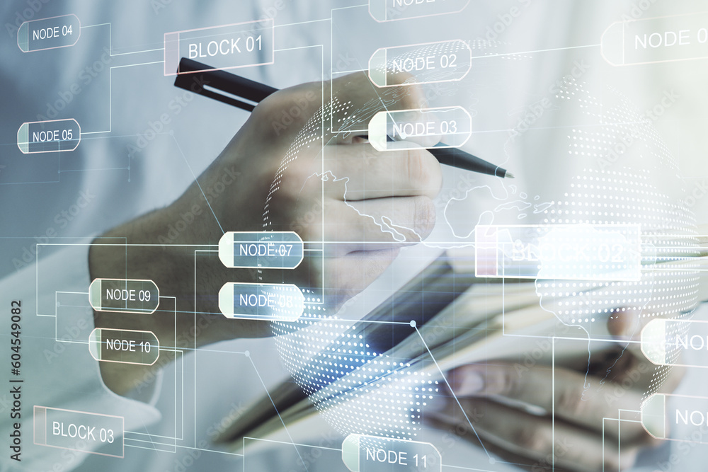Poster multi exposure of abstract software development hologram with world map and man hand writing in note