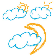 set vector blue orange yellow crayon effect cloud, sun and moon. isolated on white
