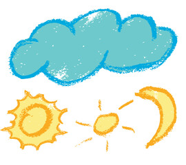 set vector blue orange yellow crayon effect cloud, sun and moon. isolated on white
