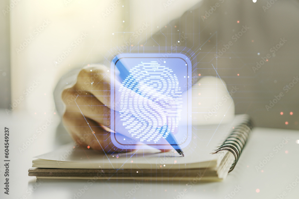 Poster abstract creative fingerprint concept with man hand writing in notebook on background. multiexposure