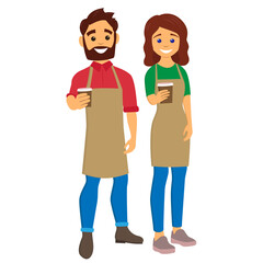 Baristas giving coffee to go. Young man and woman with an aprons. Character Illustration on transparent background