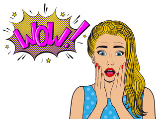 Surprised woman with speech bubble.Comic woman. Wow face female. Pop Art vintage Illustration on transparent background