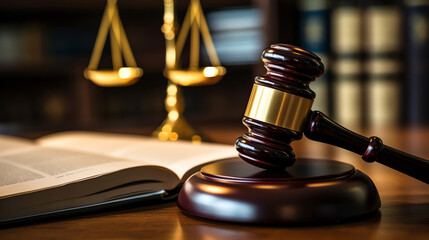 AI Generated: Close-up of Judge's Gavel on Wooden Block. Symbol of Power and Authority in the Judiciary System. Legal Documents and Scales of Justice. Courtroom Perspective. Generative AI.