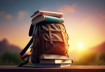 Backpack with books on wooden table over sunset sky background. Back to school concept generative ai
