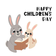 Greeting card for international children's day. cute mommy and baby rabbit in cartoon style. Hare mom and kid colorful illustration for childrens book, postcards and posters.