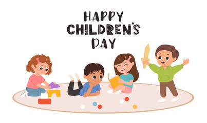 Children day. kids are playing toys and laughing together happily. Boys and girls celebrating world childrens day.Design greeting cards or posters of children's friendship.