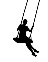 Girl teetering on a swing isolated silhouette. Simple vector emblem, black icon.