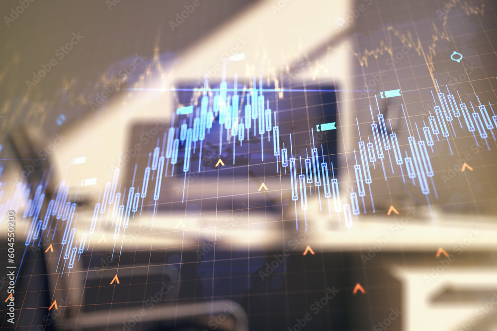 Poster multi exposure of abstract creative financial chart with world map and modern desktop with laptop on